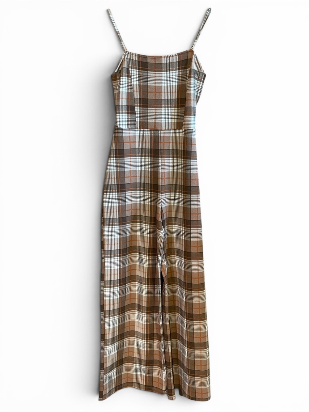 Almost Famous Womens Jumpsuit S Small Brown Plaid Wide Leg Cami One Piece Romper